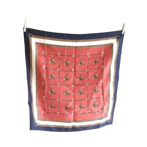 Vintage Equestrian Horse Print Scarf 100% Acetate Twill Hand Rolled Edge Red & N
